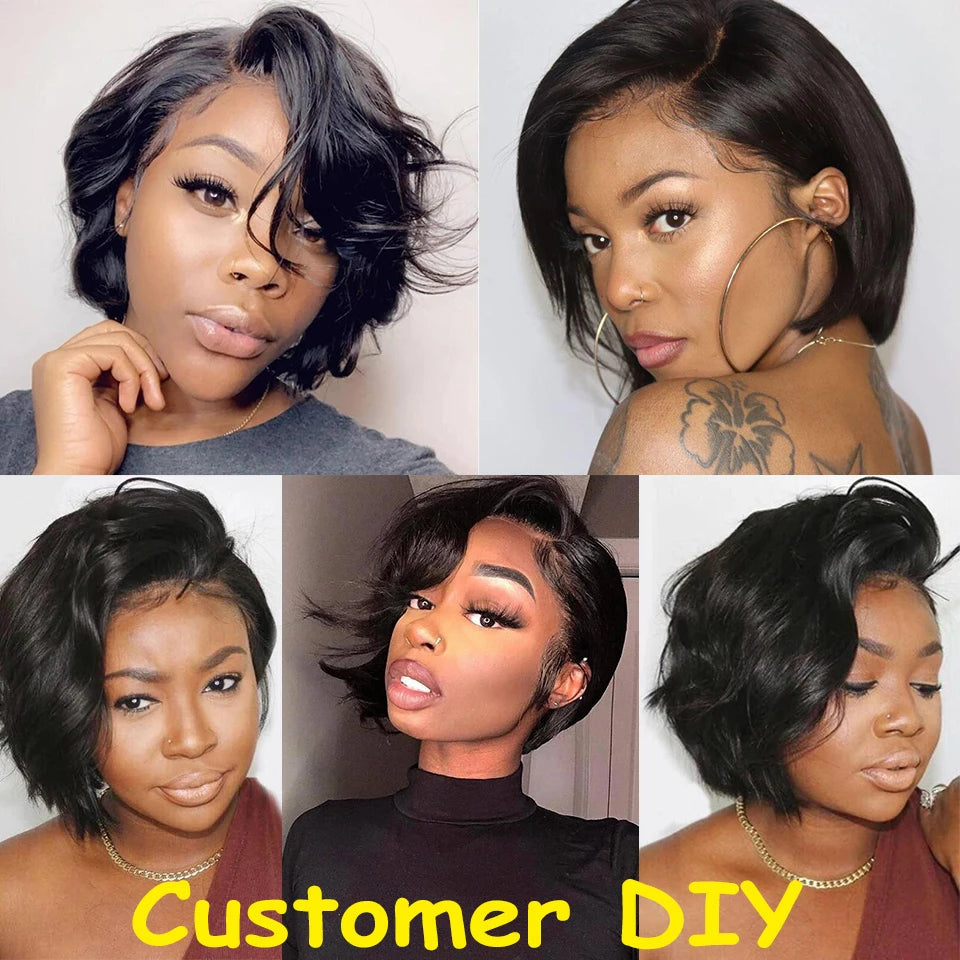 Human Hair 13X2 Wigs Short Pixie Cut Wigs Straight Bob HD Transparent Lace Frontal Wigs For Black Women 250 Density Perruque