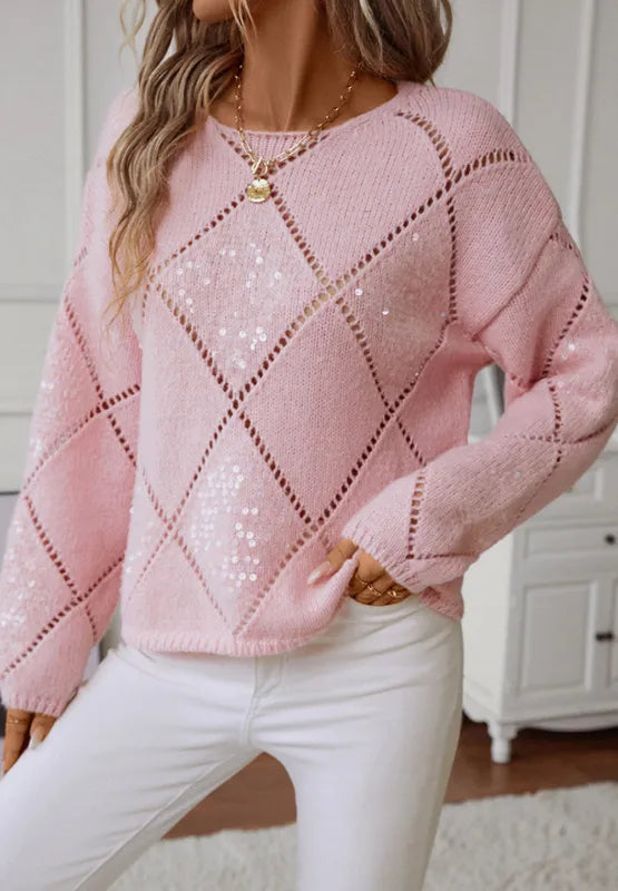 New loose fitting diamond grid sequin sexy knitted sweater for women