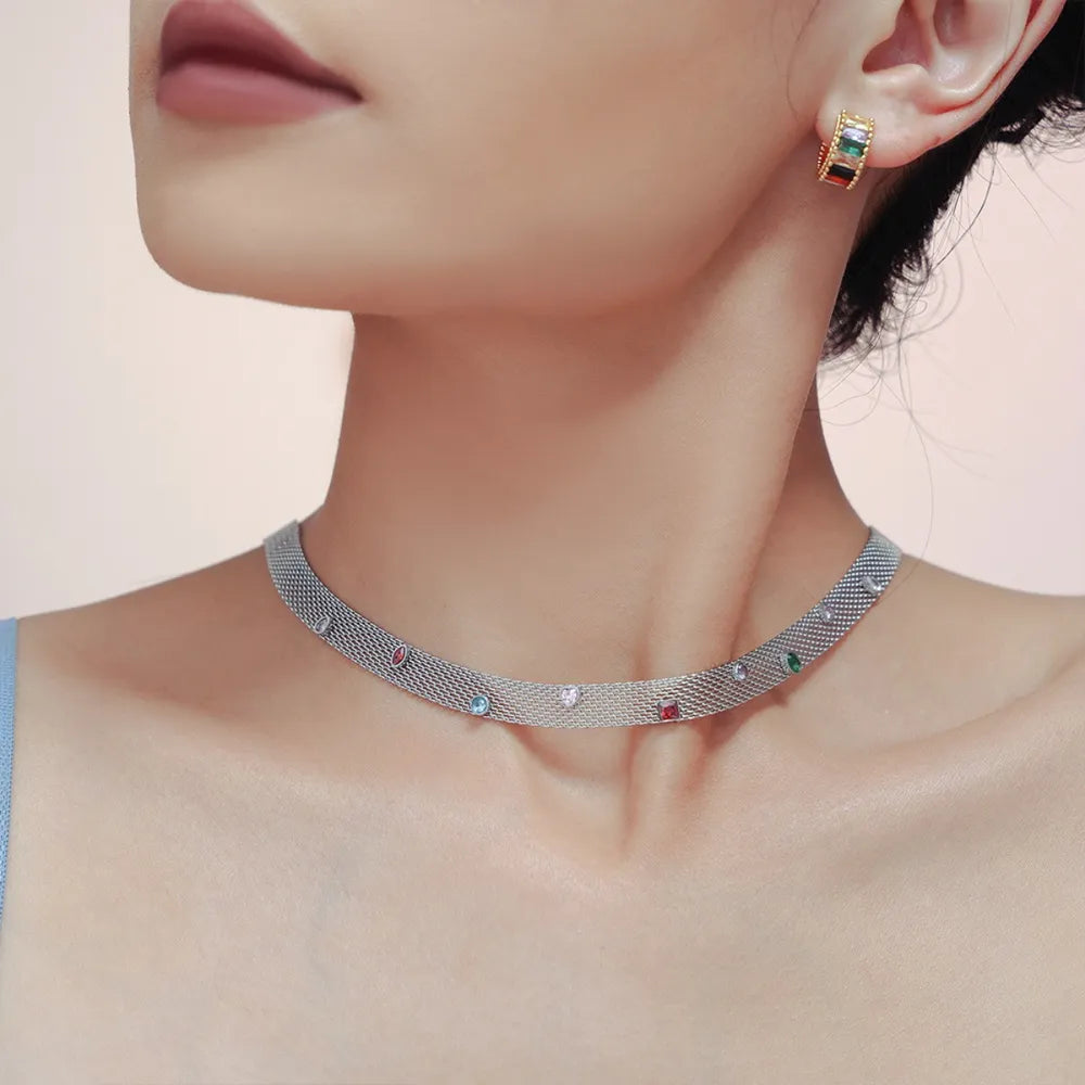 Geometric Colorful Zircon Necklace Titanium Steel PVD Plated Non Fading Jewelry