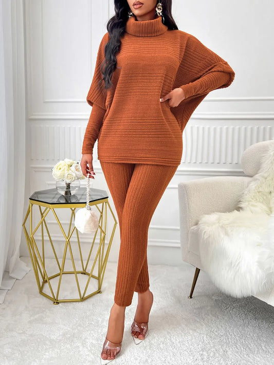 Solid color high neck casual loose long sleeved women's suit