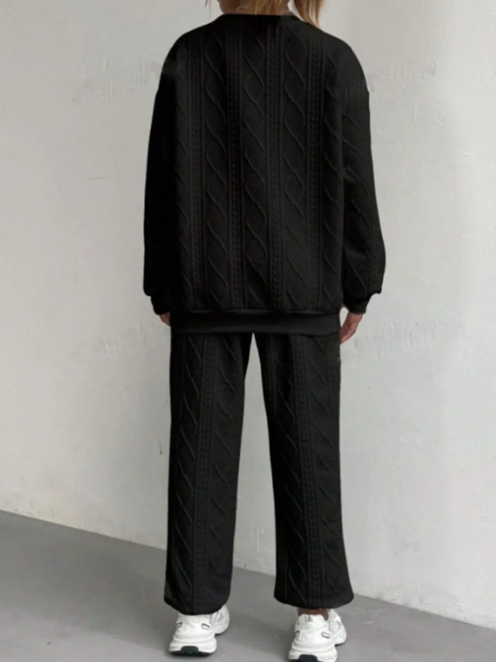 Women's jacquard long sleeved casual round neck sweatshirt and pants set