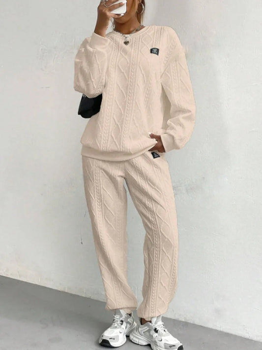 Women's jacquard long sleeved casual round neck sweatshirt and pants set