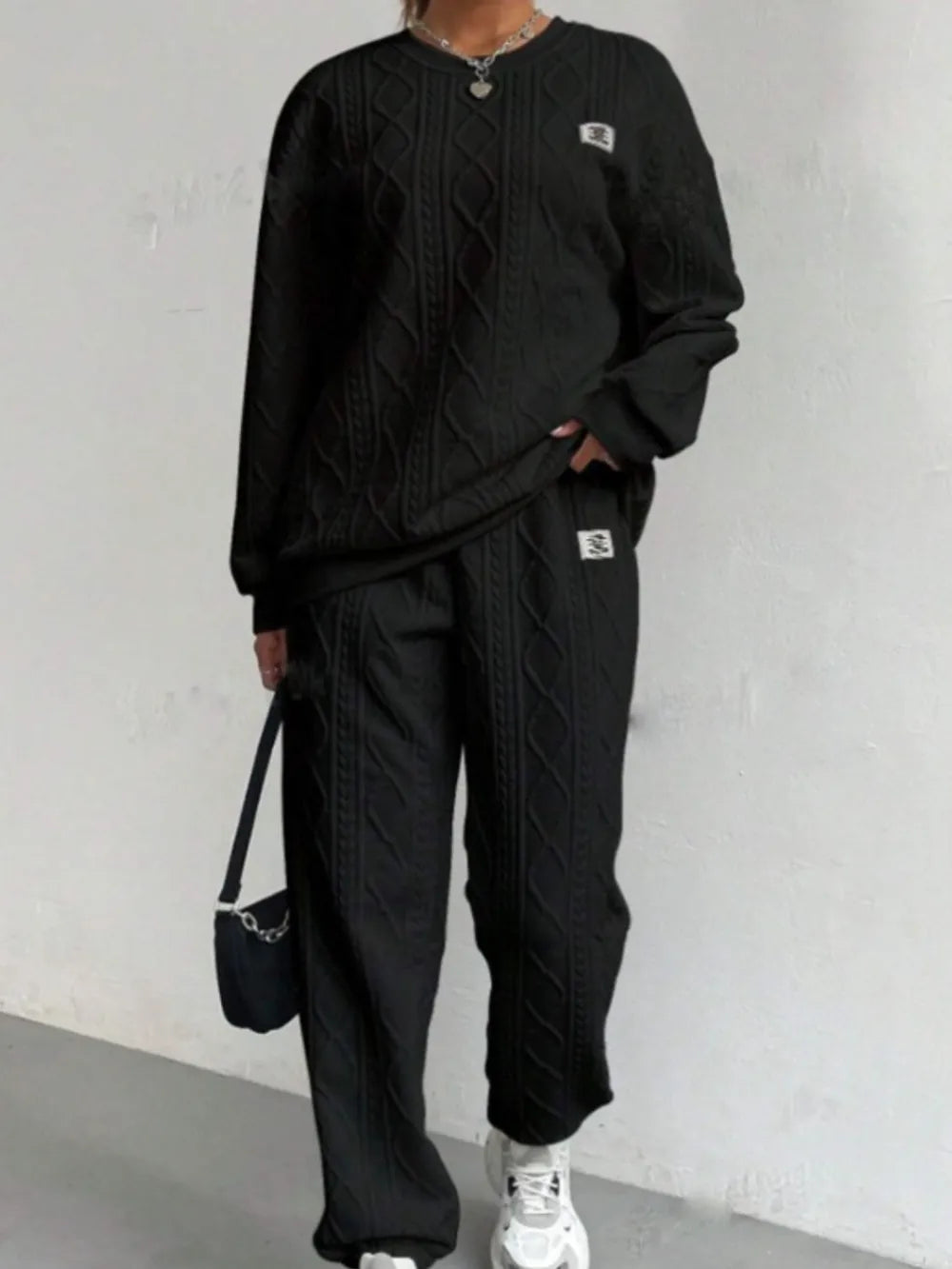 Women's jacquard long sleeved casual round neck sweatshirt and pants set