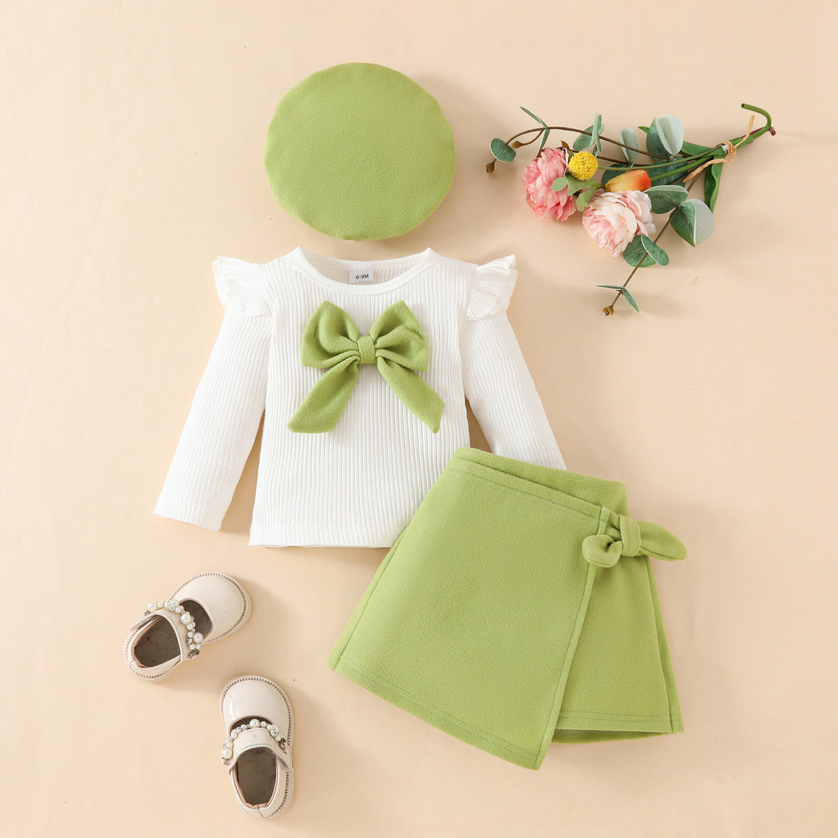 Fashion Step Girl Big Bow Beret Long Sleeve Top with Velvet Half Skirt Autumn/Winter 3-Piece Set