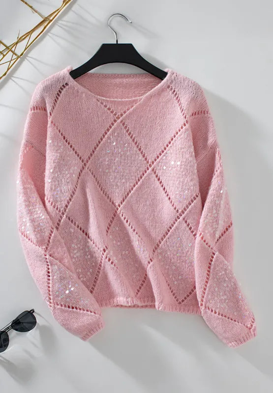 New loose fitting diamond grid sequin sexy knitted sweater for women