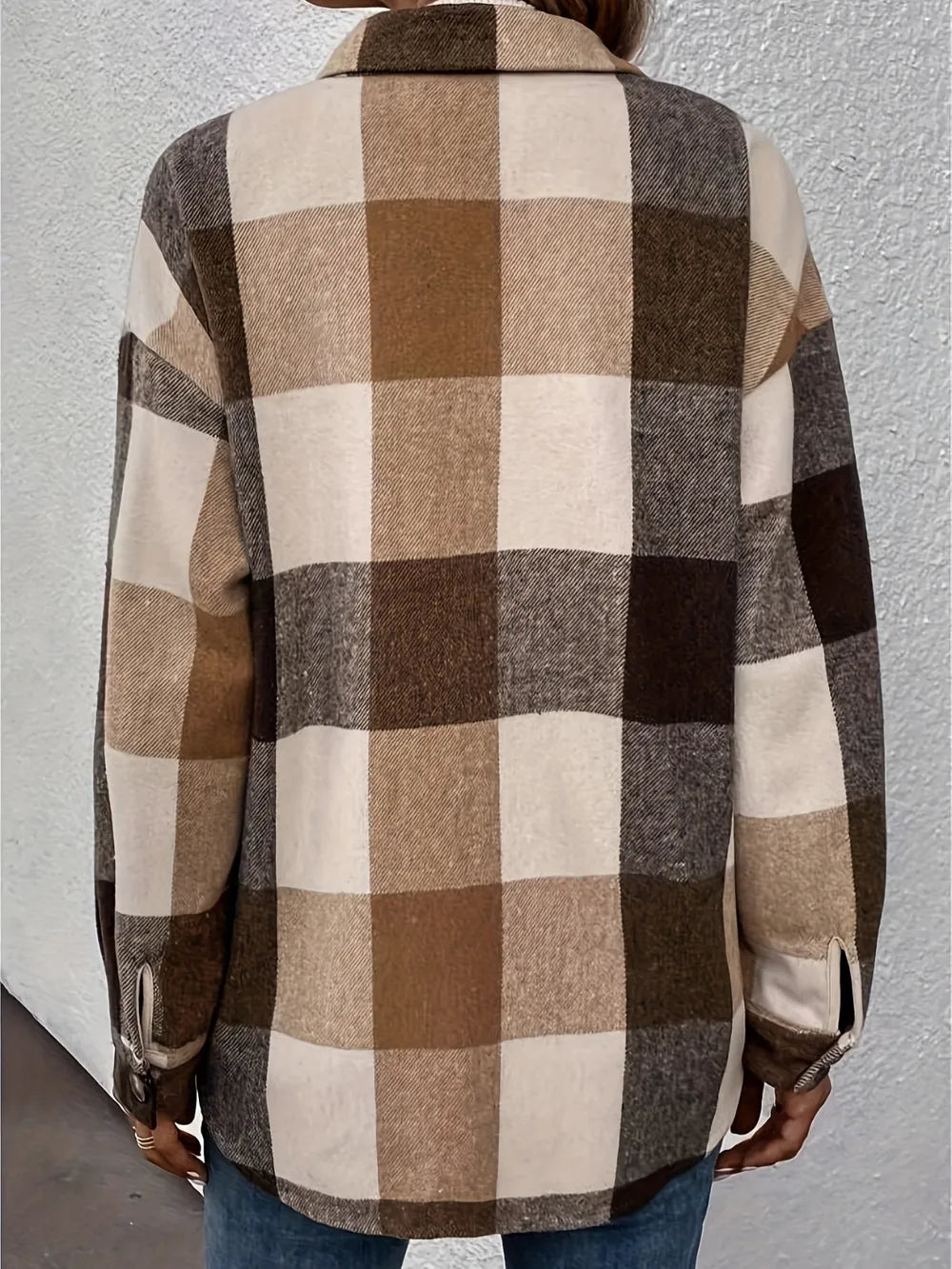 Brushed plaid single breasted lapel casual long sleeved cardigan shirt for women