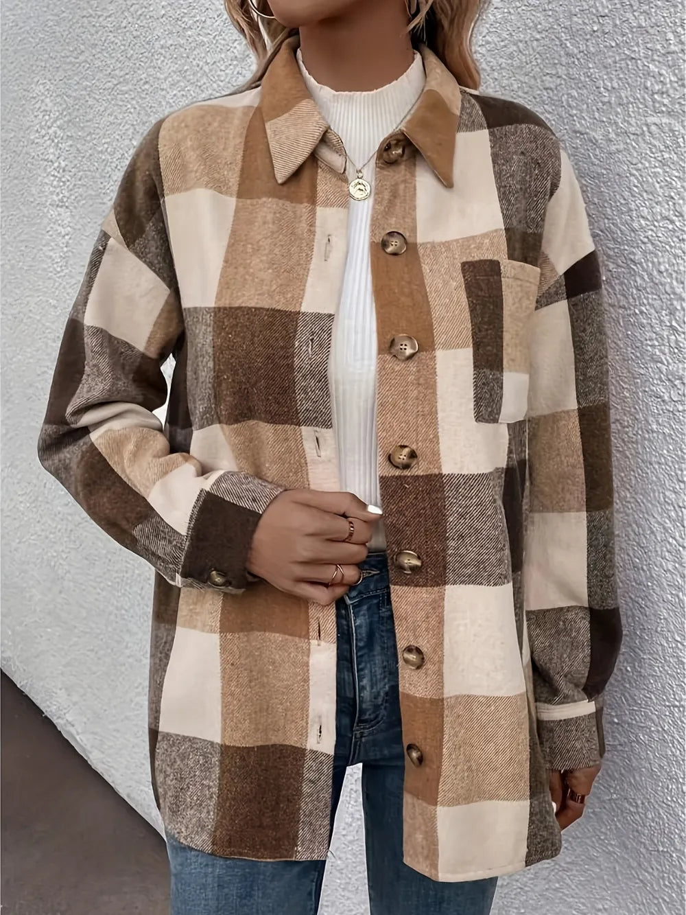Brushed plaid single breasted lapel casual long sleeved cardigan shirt for women