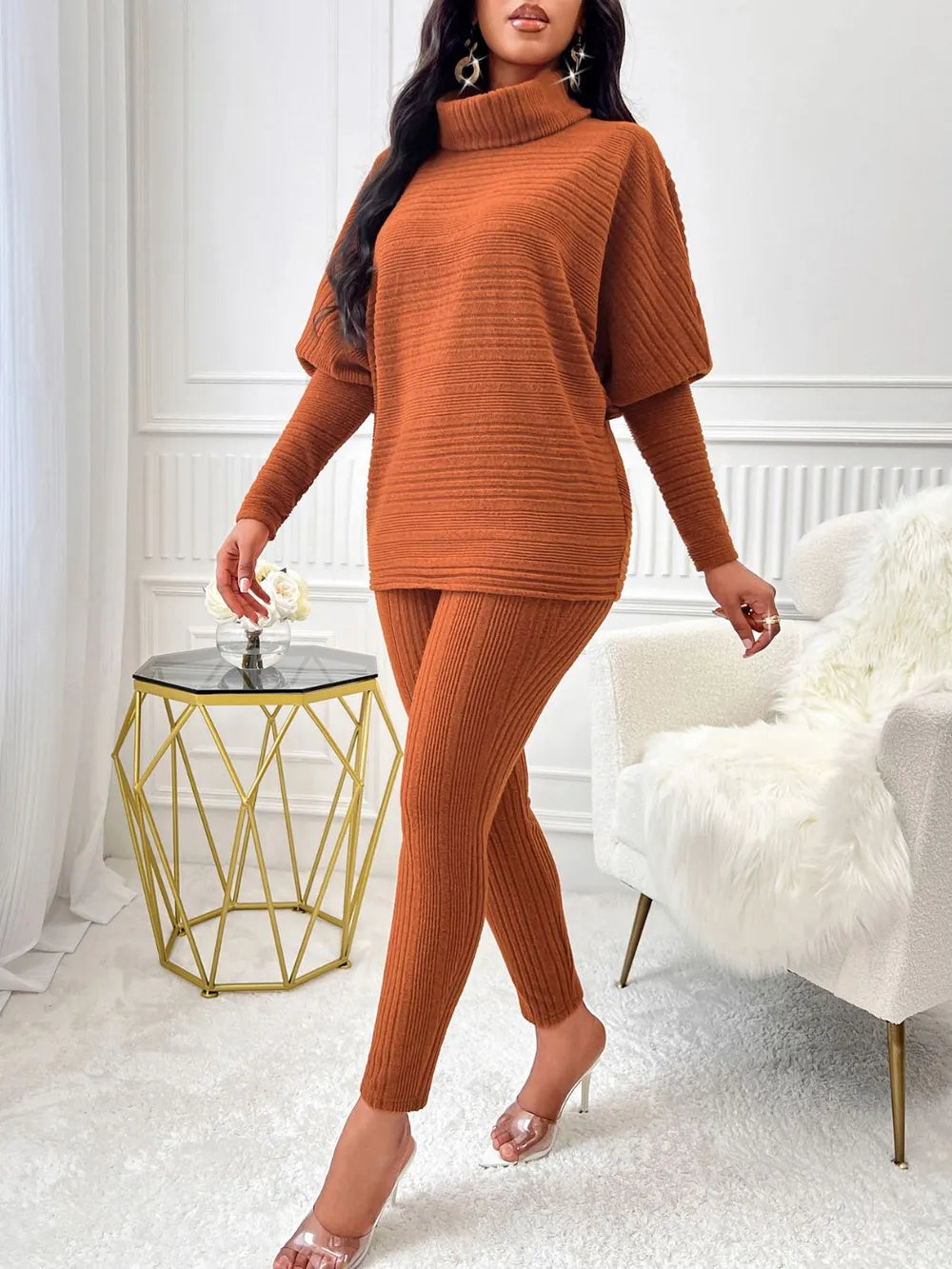 Solid color high neck casual loose long sleeved women's suit