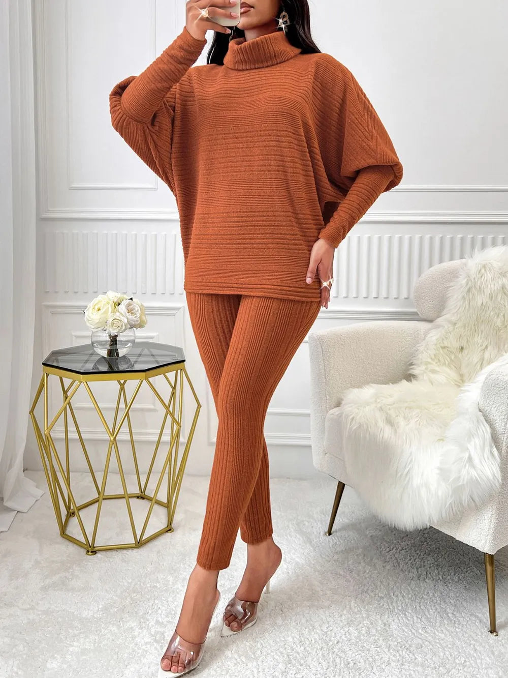 Solid color high neck casual loose long sleeved women's suit