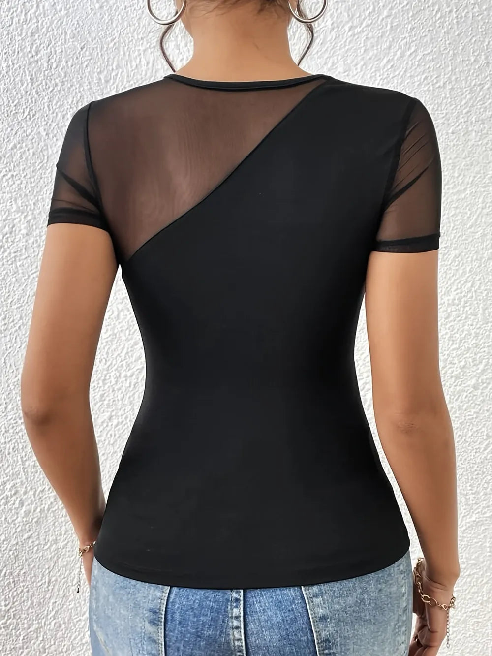 Spring and summer new sexy solid color short sleeved mesh splicing new T-shirt