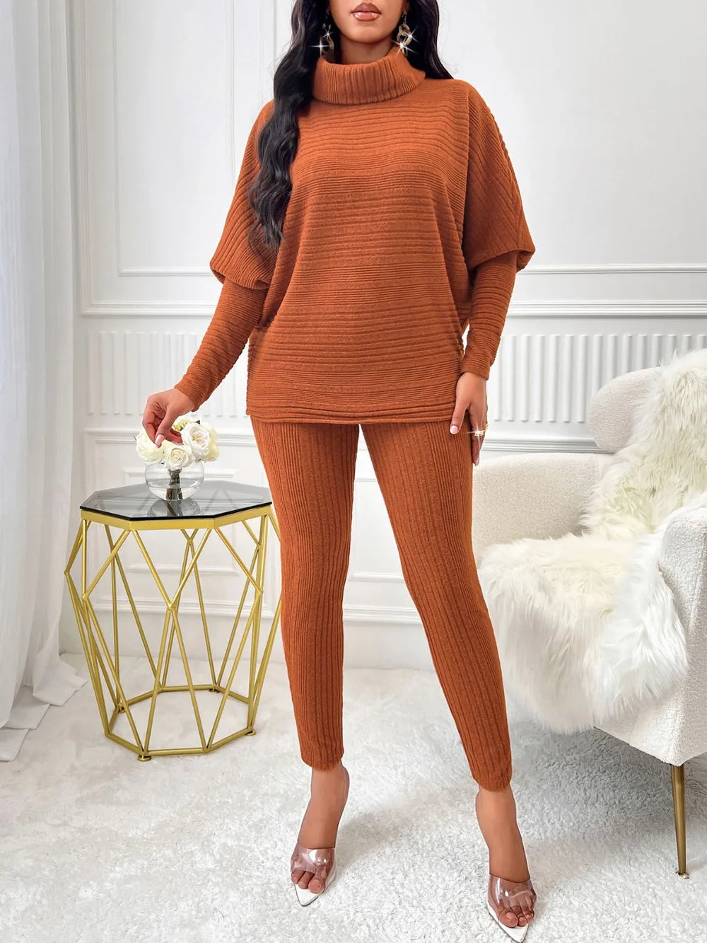 Solid color high neck casual loose long sleeved women's suit