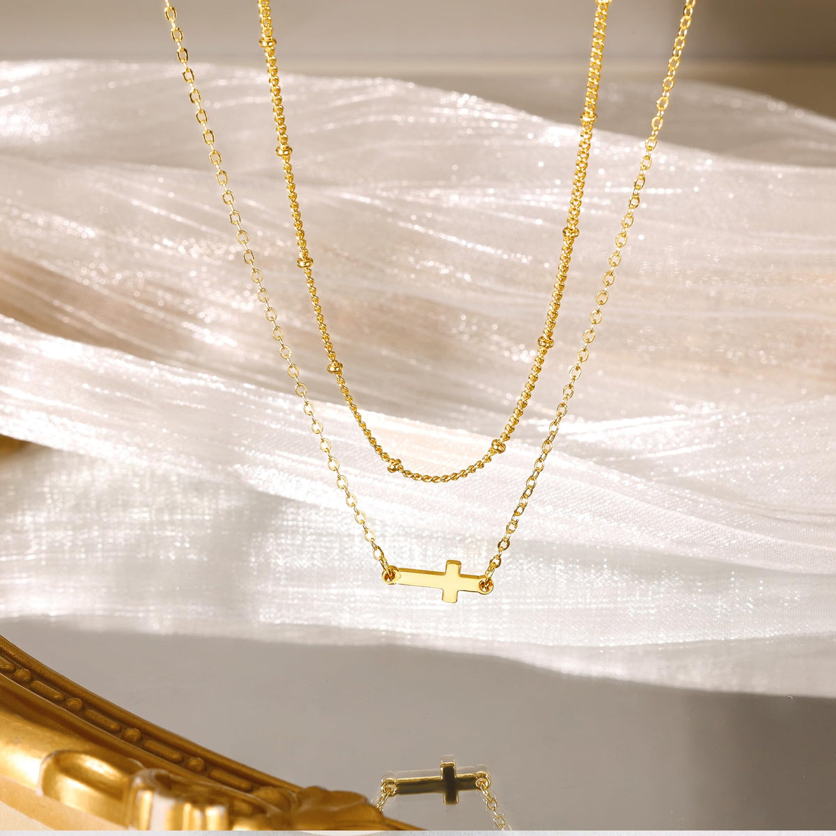Cross Layered Necklaces for Women - 14K Gold/Sterling Silver Plated Cross Pendant Simple Satellite Chain Dainty Small Choker Sideways Necklace Jewelry Trendy Gift