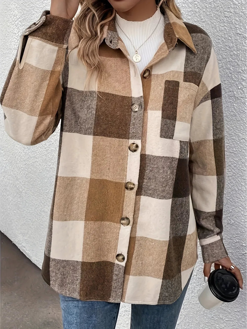 Brushed plaid single breasted lapel casual long sleeved cardigan shirt for women