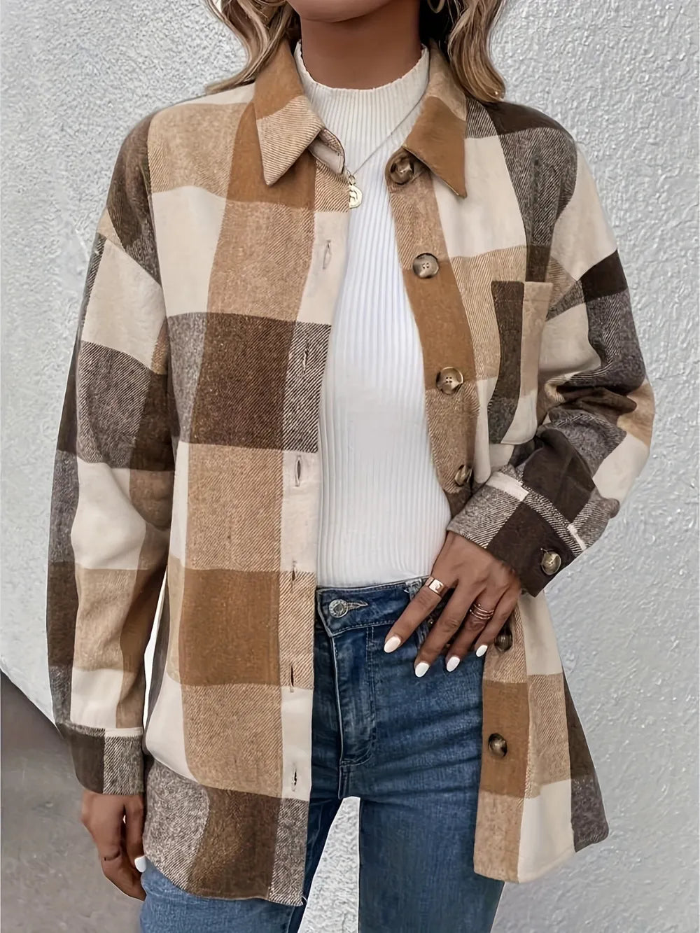 Brushed plaid single breasted lapel casual long sleeved cardigan shirt for women
