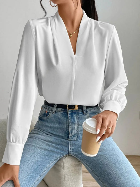 Long sleeved shirt design sense V-neck solid color loose top autumn shirt