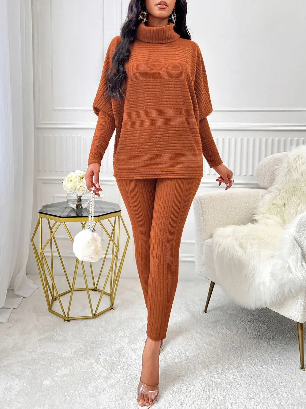 Solid color high neck casual loose long sleeved women's suit