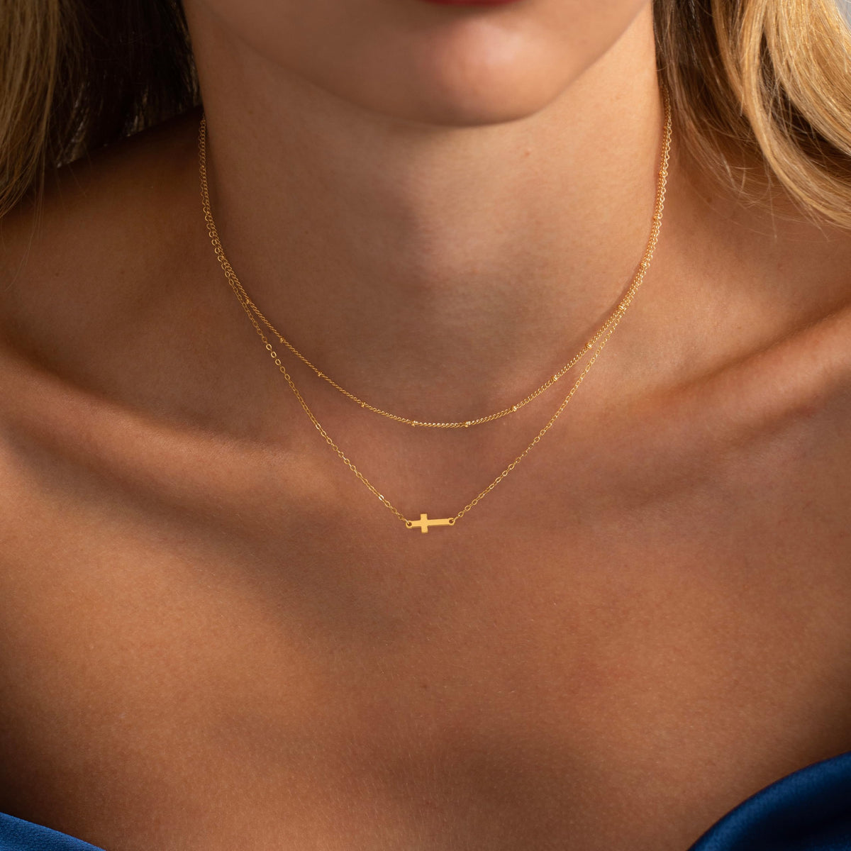 Cross Layered Necklaces for Women - 14K Gold/Sterling Silver Plated Cross Pendant Simple Satellite Chain Dainty Small Choker Sideways Necklace Jewelry Trendy Gift