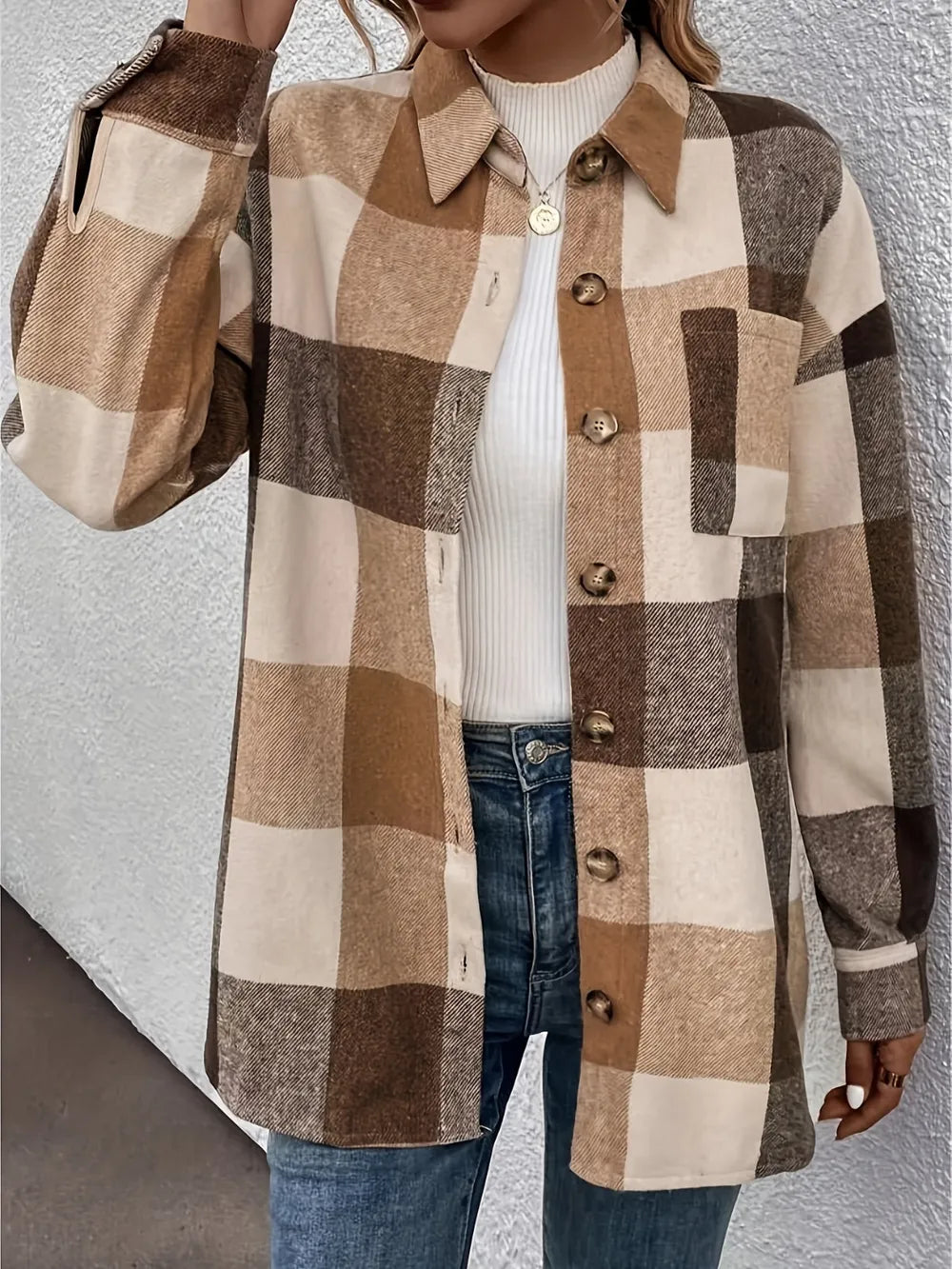 Brushed plaid single breasted lapel casual long sleeved cardigan shirt for women