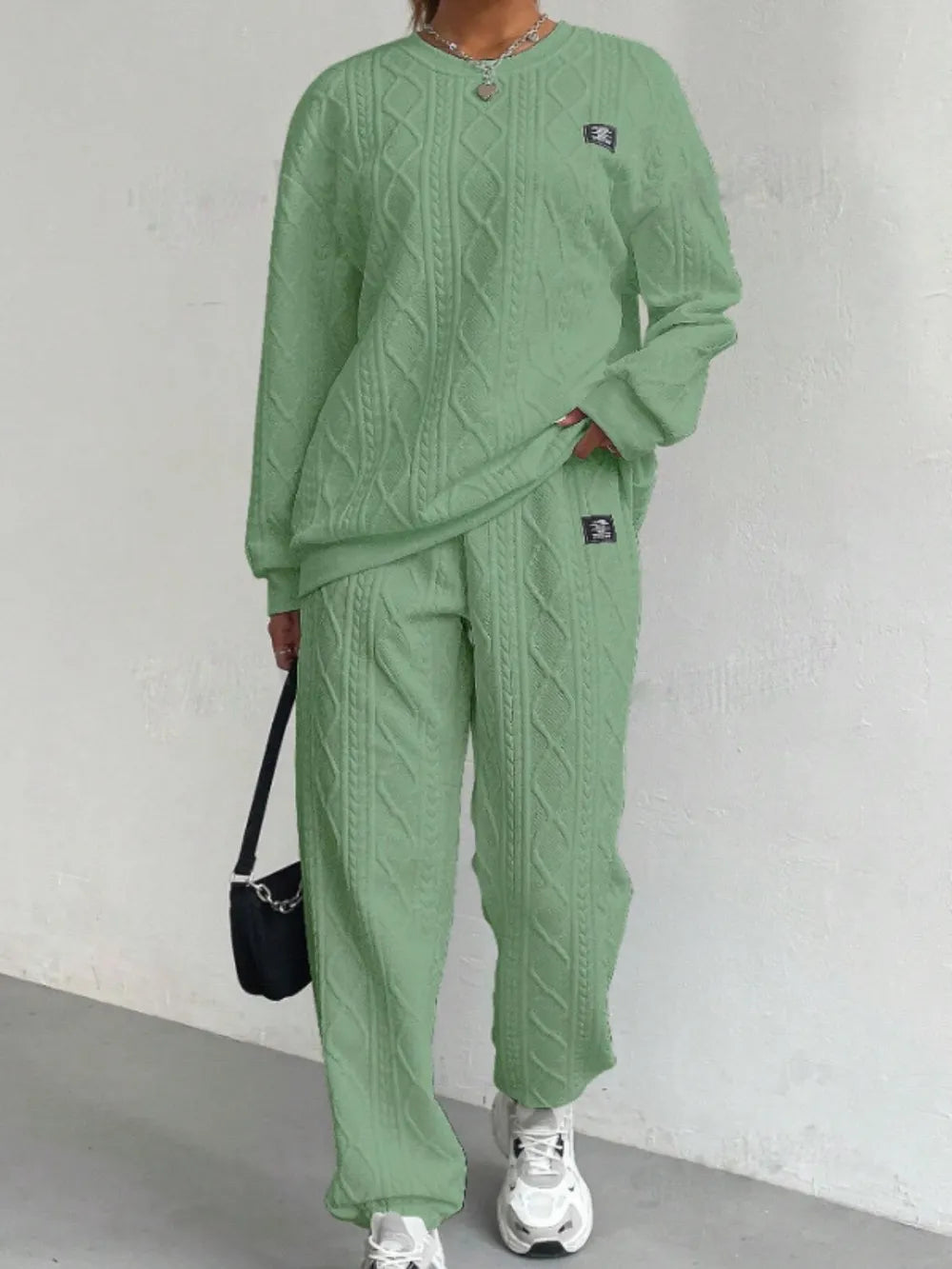 Women's jacquard long sleeved casual round neck sweatshirt and pants set