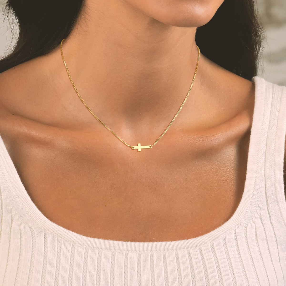 Cross Layered Necklaces for Women - 14K Gold/Sterling Silver Plated Cross Pendant Simple Satellite Chain Dainty Small Choker Sideways Necklace Jewelry Trendy Gift