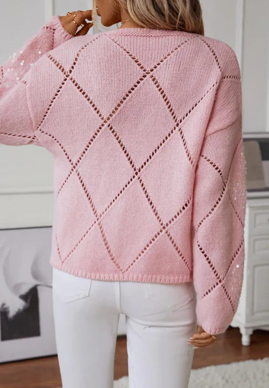New loose fitting diamond grid sequin sexy knitted sweater for women
