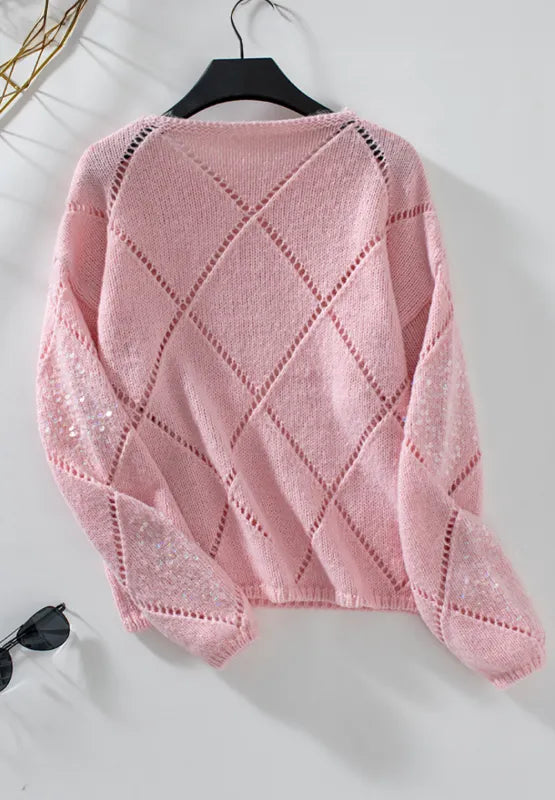 New loose fitting diamond grid sequin sexy knitted sweater for women