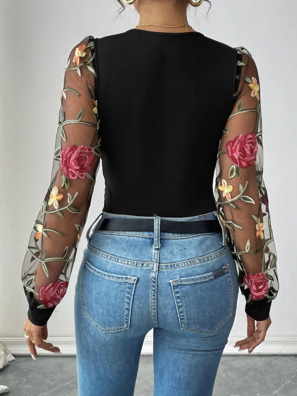 Embroidered V-Neck Long Sleeve Bodysuit