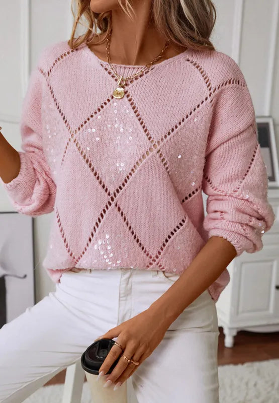 New loose fitting diamond grid sequin sexy knitted sweater for women