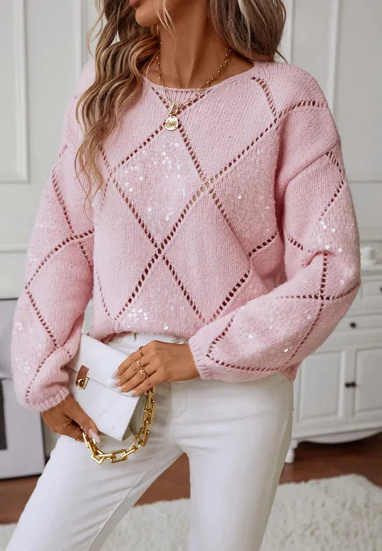 New loose fitting diamond grid sequin sexy knitted sweater for women