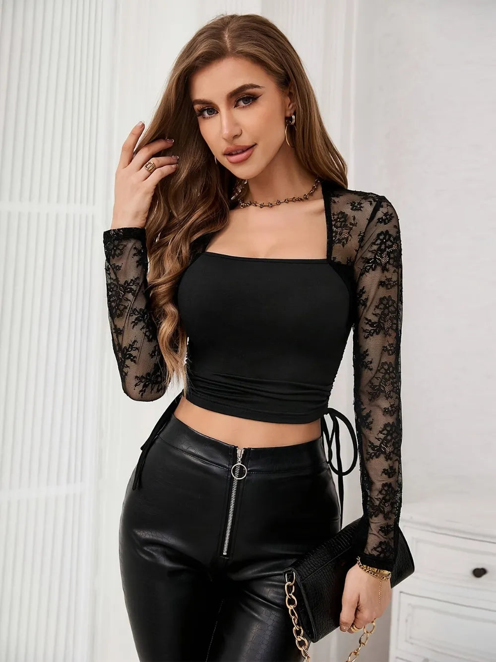 Elegant women's square collar lace patchwork knit slim fit side drawstring top