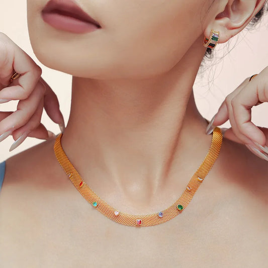 Geometric Colorful Zircon Necklace Titanium Steel PVD Plated Non Fading Jewelry