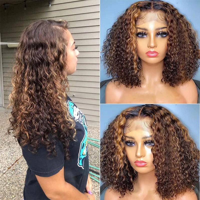 13x6 Curly Human Hair Wig Honey Blonde Ombre 13x4 Brazilian Brown Color Deep Water Wave Hd Frontal Highlight Bob Lace Front Wigs