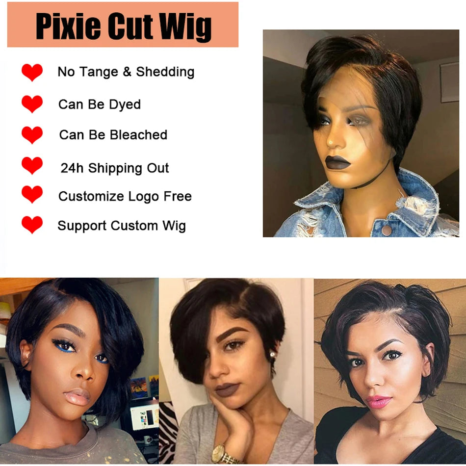 Human Hair 13X2 Wigs Short Pixie Cut Wigs Straight Bob HD Transparent Lace Frontal Wigs For Black Women 250 Density Perruque