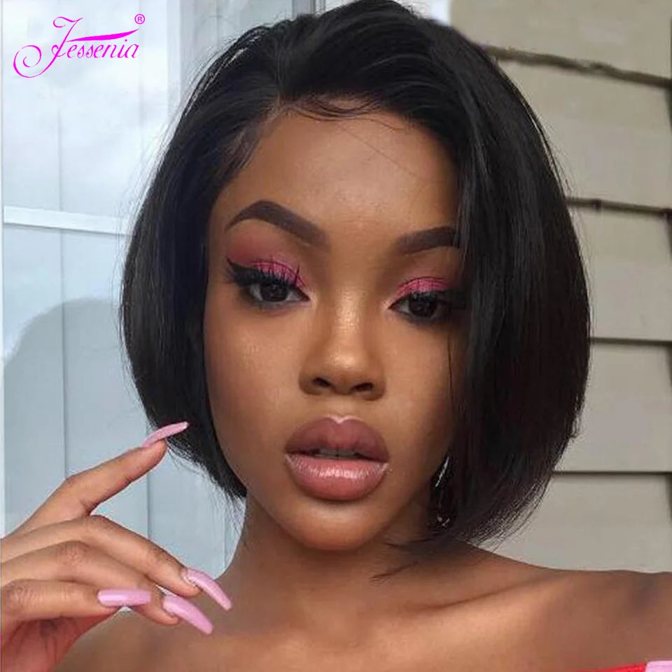 Human Hair 13X2 Wigs Short Pixie Cut Wigs Straight Bob HD Transparent Lace Frontal Wigs For Black Women 250 Density Perruque