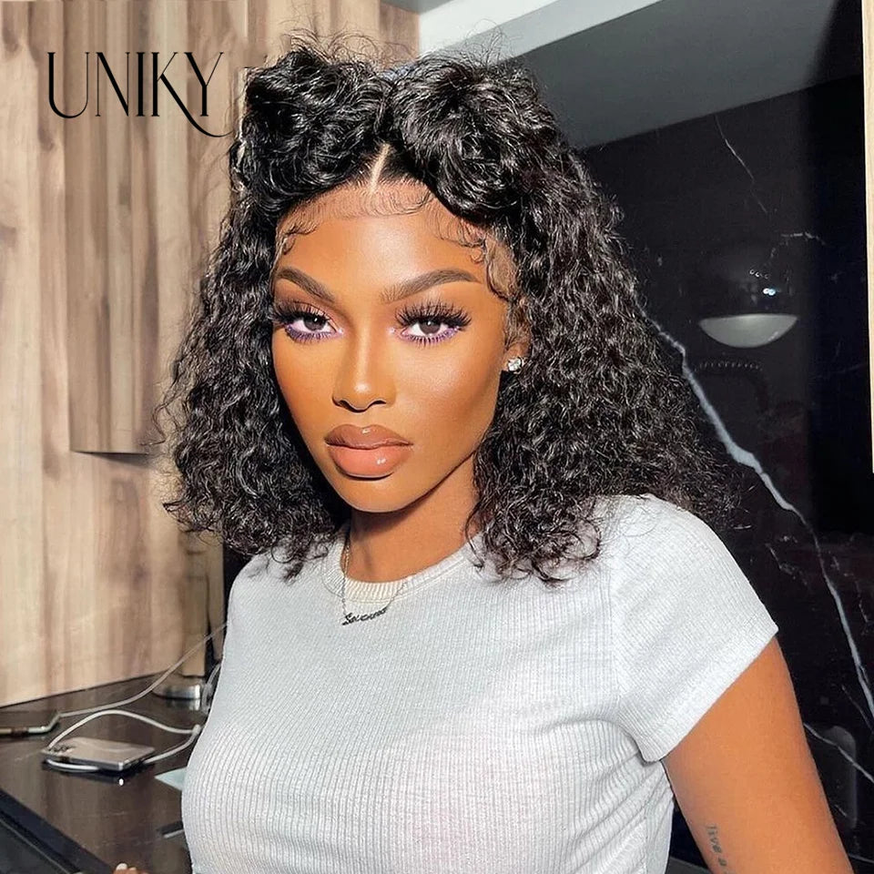 Short Curly Human Hair Bob Wig Water Lace Front Human Hair Wigs ForWomen PrePlucked Brazilian Glueless 13x4 Lace Wig Unikyhair