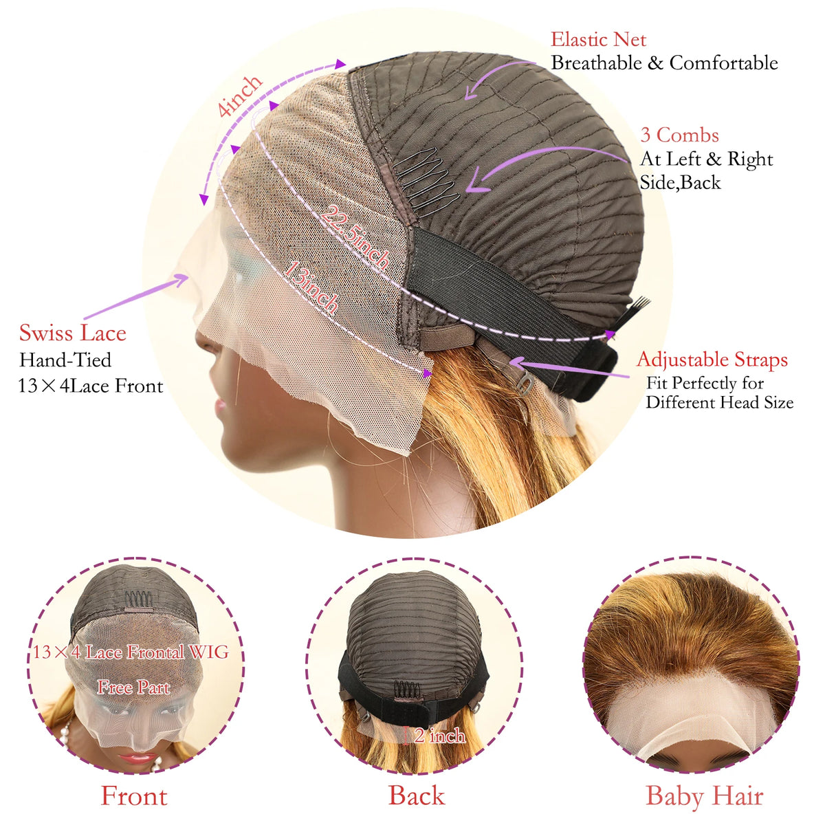 100% Human Hair Wigs 13x4 Lace Human Hair Lace Frontal Wig Ready Wear Bob Wigs 220Density For Black Women 4/27 Color Gold