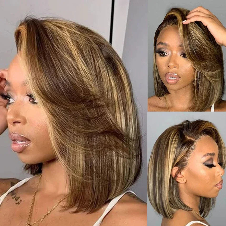 100% Human Hair Wigs 13x4 Lace Human Hair Lace Frontal Wig Ready Wear Bob Wigs 220Density For Black Women 4/27 Color Gold