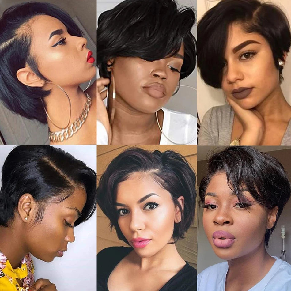 Human Hair 13X2 Wigs Short Pixie Cut Wigs Straight Bob HD Transparent Lace Frontal Wigs For Black Women 250 Density Perruque