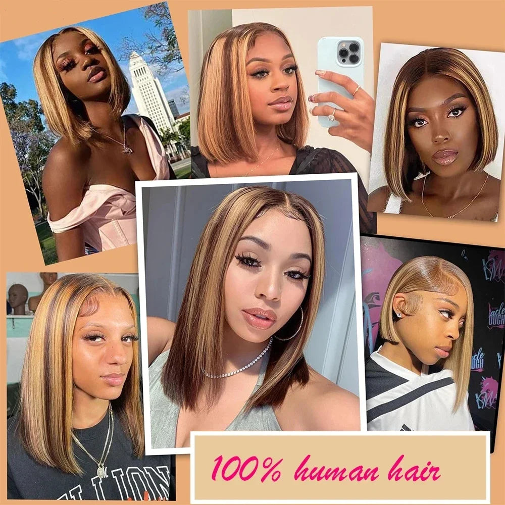 100% Human Hair Wigs 13x4 Lace Human Hair Lace Frontal Wig Ready Wear Bob Wigs 220Density For Black Women 4/27 Color Gold