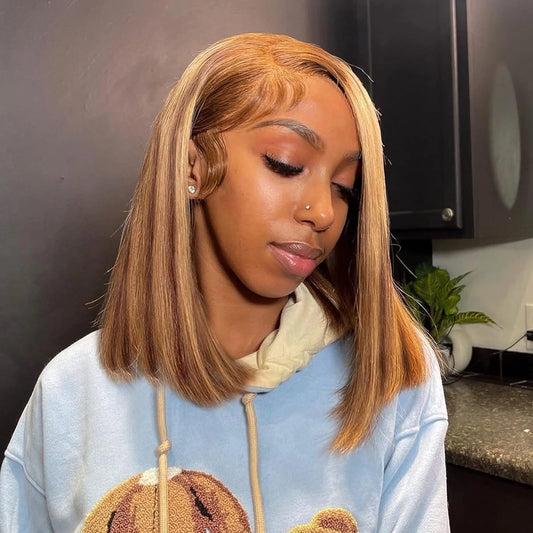 100% Human Hair Wigs 13x4 Lace Human Hair Lace Frontal Wig Ready Wear Bob Wigs 220Density For Black Women 4/27 Color Gold