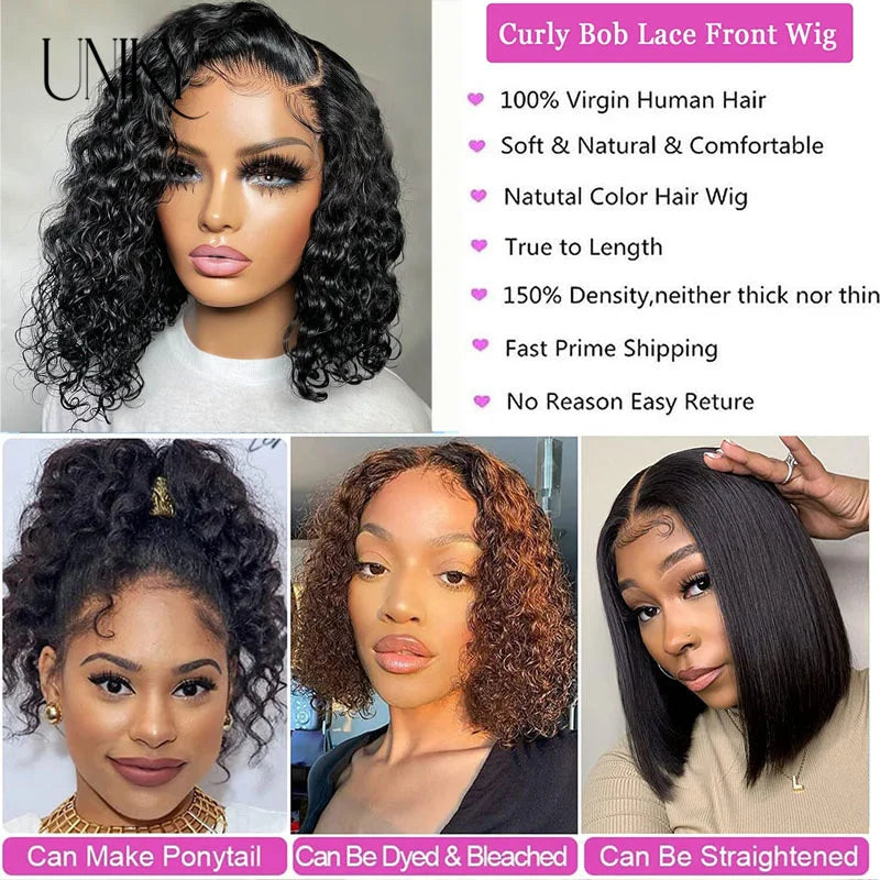 Short Curly Human Hair Bob Wig Water Lace Front Human Hair Wigs ForWomen PrePlucked Brazilian Glueless 13x4 Lace Wig Unikyhair