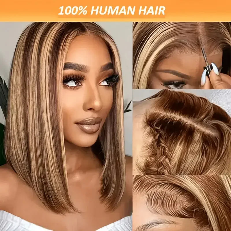 100% Human Hair Wigs 13x4 Lace Human Hair Lace Frontal Wig Ready Wear Bob Wigs 220Density For Black Women 4/27 Color Gold