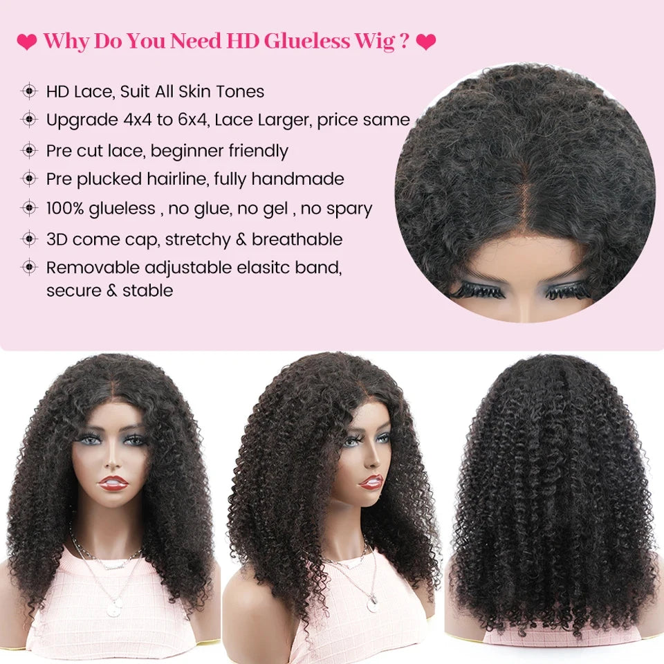 Wear And Go Glueless Human Hair Wig ISEE HAIR Peruvian Kinky Curly Short Bob 6x4 HD Glueless Wig Human Hair Ready To Wear Go