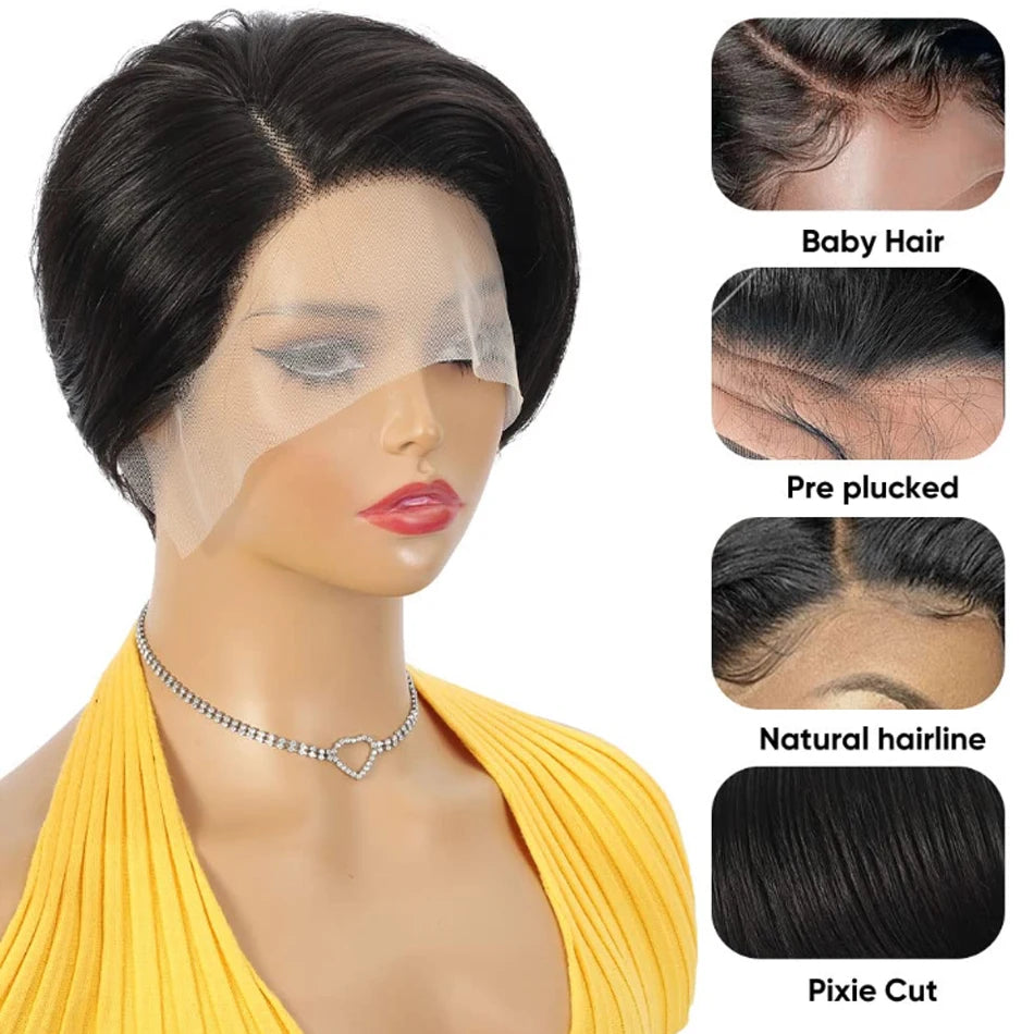 Human Hair 13X2 Wigs Short Pixie Cut Wigs Straight Bob HD Transparent Lace Frontal Wigs For Black Women 250 Density Perruque